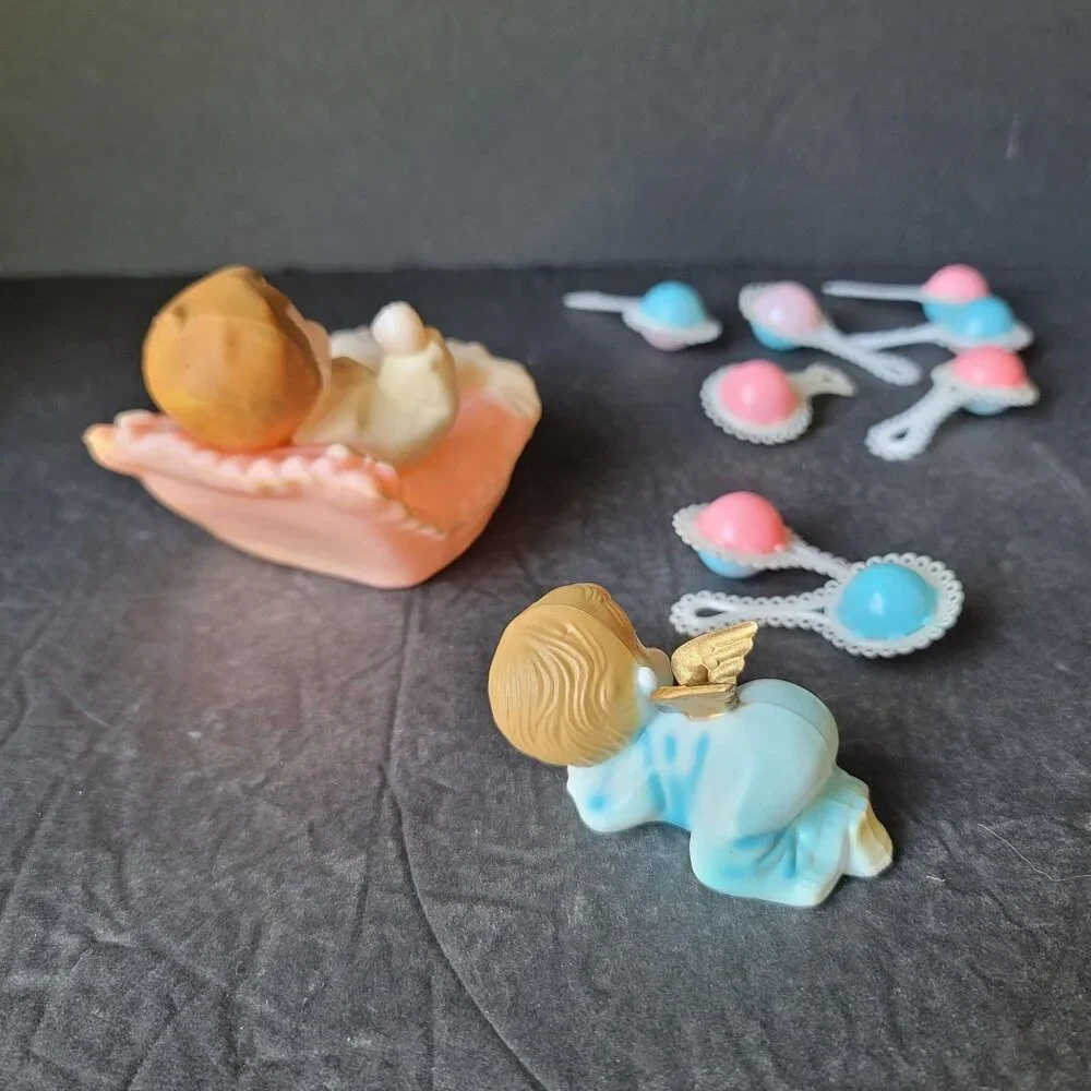 Vintage Wilton Baby Shower Christening Cake Toppers Boy Girl baby Rattles Pink B